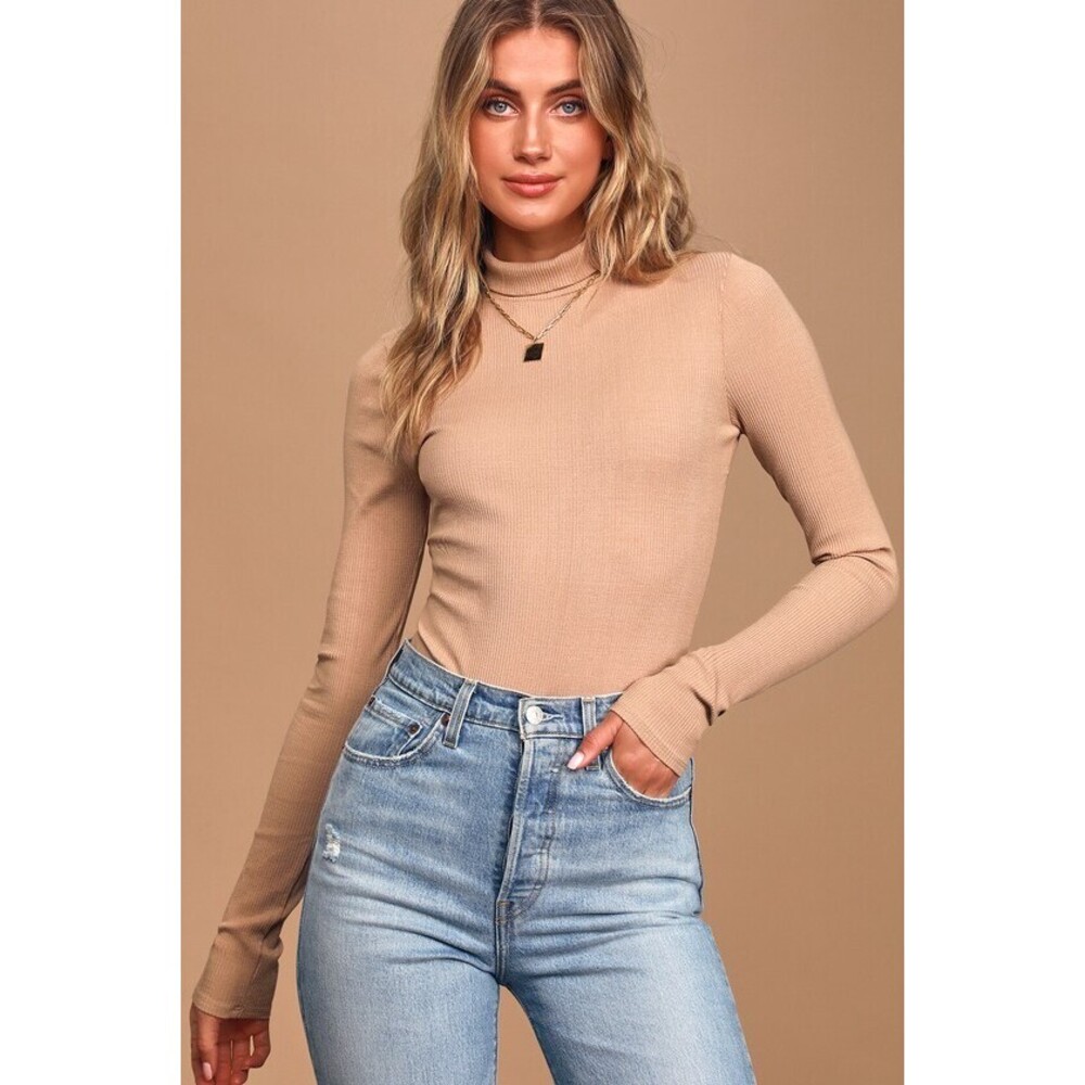 Lulus Basics Wilde Beige Ribbed Long Sleeve Mock Neck Bodysuit - Size S